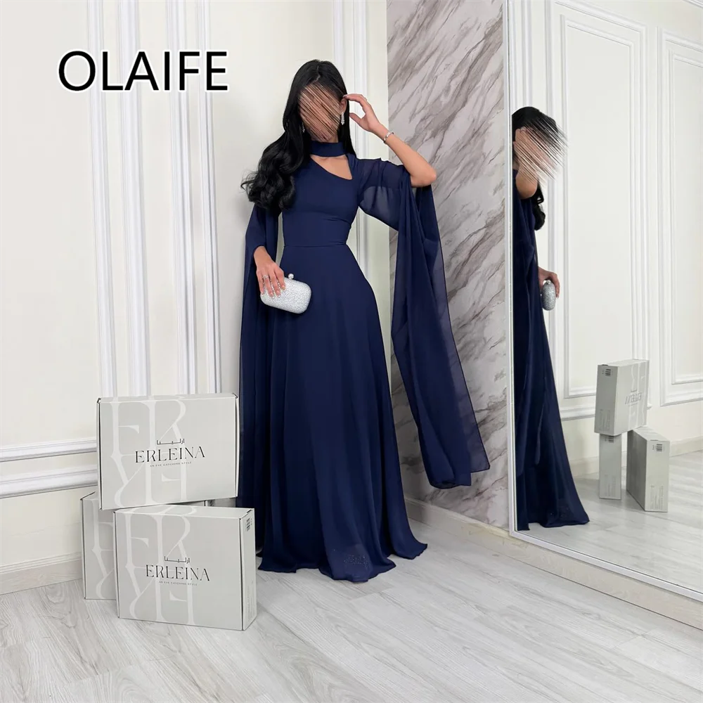 

Classic Chiffon Saudi Flowing Formal Evening Bridesmaid Dres Floor-Length A-line Evening Party Gown with Cape Customized