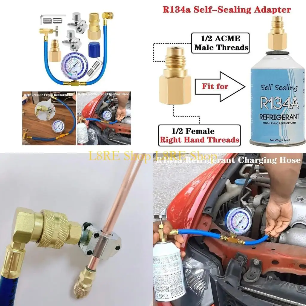 L8RE Professional R134A Charging Hose Set with Gauge Quick Coupler and Adapters for Efficient Air Conditioning Servicing