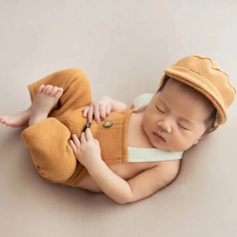 Newborn Boy Photography Clothing Suspender Pants Cap 2pcs Sets Infant Baby Vintage British Style Photo Shoot Costumes Outfits