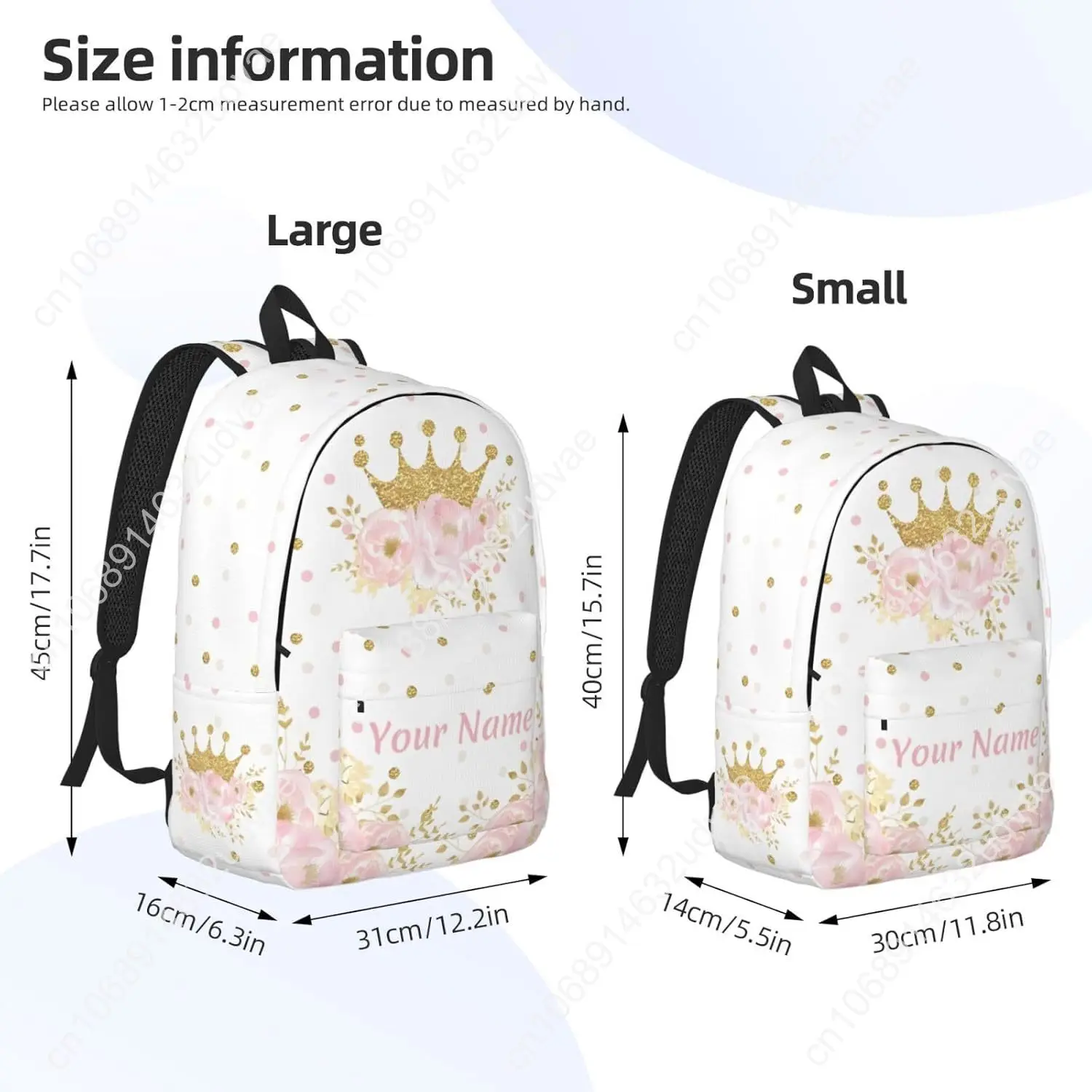 Crown Personalized Backpack for Girls Boys, Customized with Name and Flowers, 15
