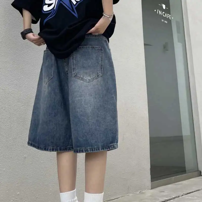 High street retro azul jeans shorts feminino verão novo baggy perna larga denim meia calças moda streetwear y2k roupas oversize