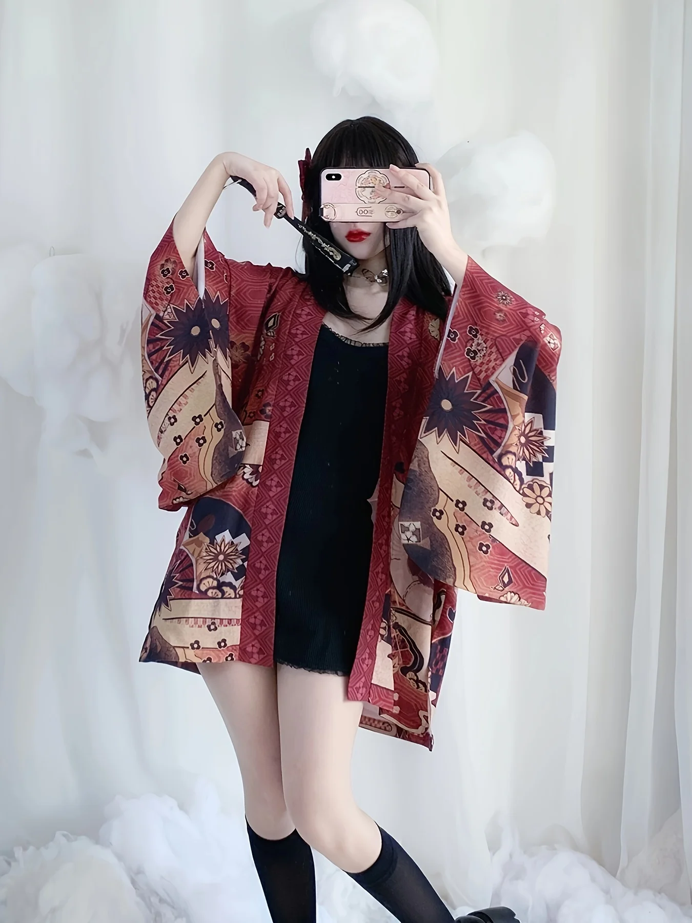 Estilo japonés cospla tejido de plumas lindo estampado Lolita hermana suave japonés yukata Kimono Cardigan Harajuku antiguo modificado Han