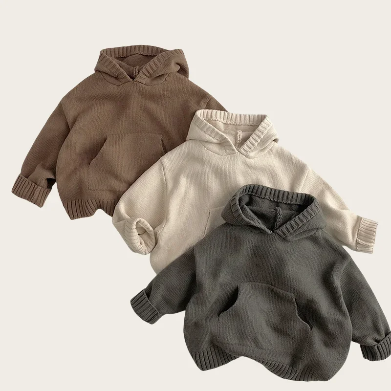Spring Kids Hooded Knitted Sweater 1-6Y Girls Boys Cotton Solid Color Vintage Tops 2026 Children Pocket Pullover Outside Wear