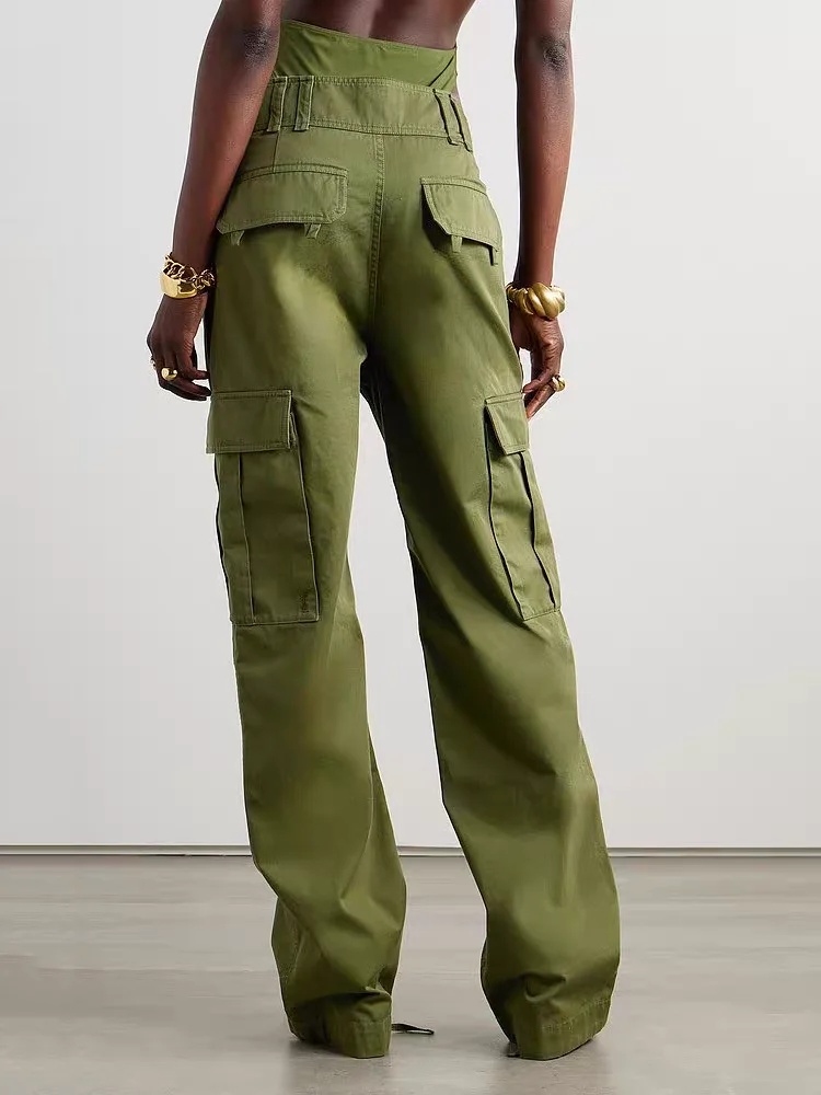 Washed and aged high-waisted large pockets on both sides of the work pants y2k retro chic simple casual straight women's pants