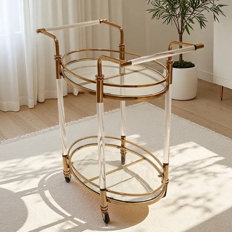 عربة النبيذ الأكريليك الأوروبية ذات الطبقة المزدوجة لبار الفندق عربة رف متنقلة معدنية خفيفة عربة طعام فاخرة من الفولاذ المقاوم للصدأ #2