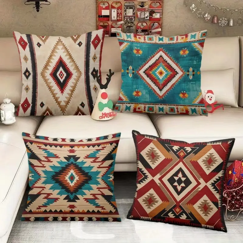 Boho Ethnic Tribal Style Cushion Cover, Double Sided Soft Polyester 2D Print Pillow for Living Room Bedroom Home Aesthetics