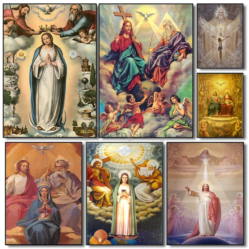 (2D canvas painting)  Holy Trinity Posters Christianity Illustration God Portrait Jesus Prints Canvas Painting Wall Art Home