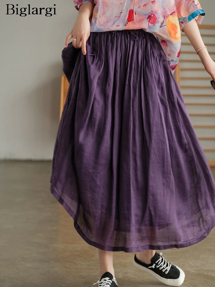 린넨 엘라스틱 하이웨이스트 롱 여름 스커트 여성 루즈 패션 캐주얼 A라인 스커트