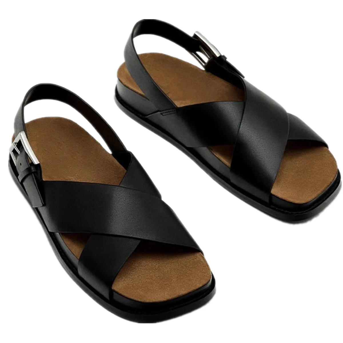 

Withered French Retro Minimalist Genuine Leather Open Toe Cross Flat Sandals Summer Shoes Women Belt Buckle Roman Sandals