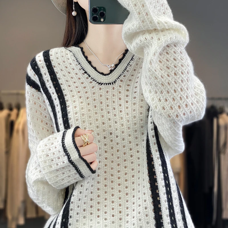 Autumn and winter new V-neck 100 pure cashmere sweater women loose thin hollow sweater knitted wool soft waxy base top