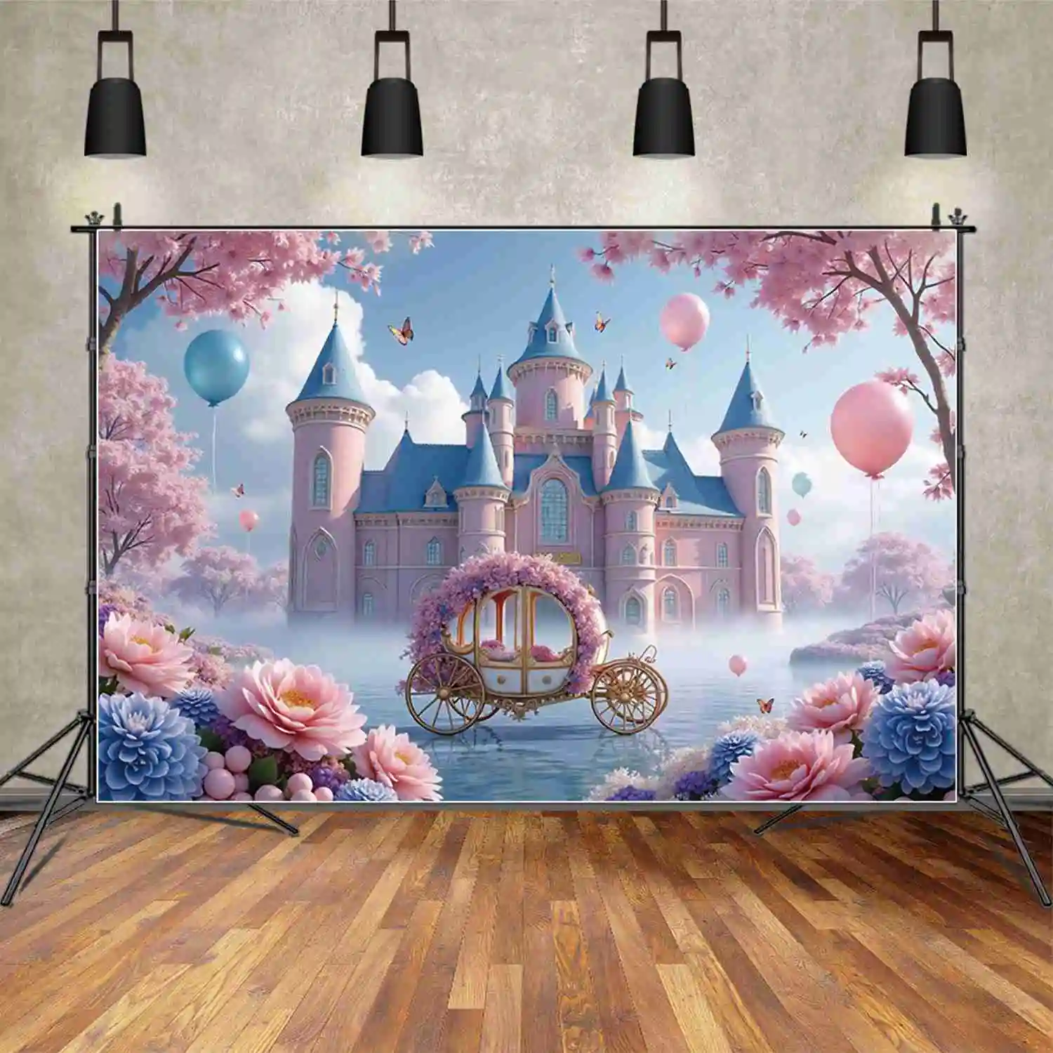 

MOON.QG Castle Flower Butterfly Backdrop Carriage Princess Birthday Party Background Picture Frame Photography Studio Decoration