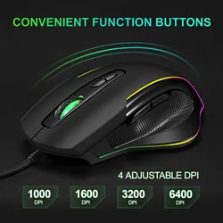 USB Wired Gaming Mouse 7 Button Backlit Ergonomic Mice 6400 DPI Backlight Adjustable Optical Mice for PC Gamer Computer Desktop