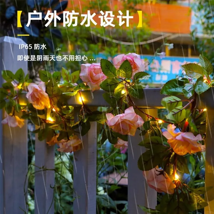 กลางแจ้งพลังงานแสงอาทิตย์ Rose Flower String Light กันน้ํา USB Rose Flower Vine โคมไฟวันหยุดคริสต์มาสงานแต่งงานแขวน Garland Fairy โคมไฟ