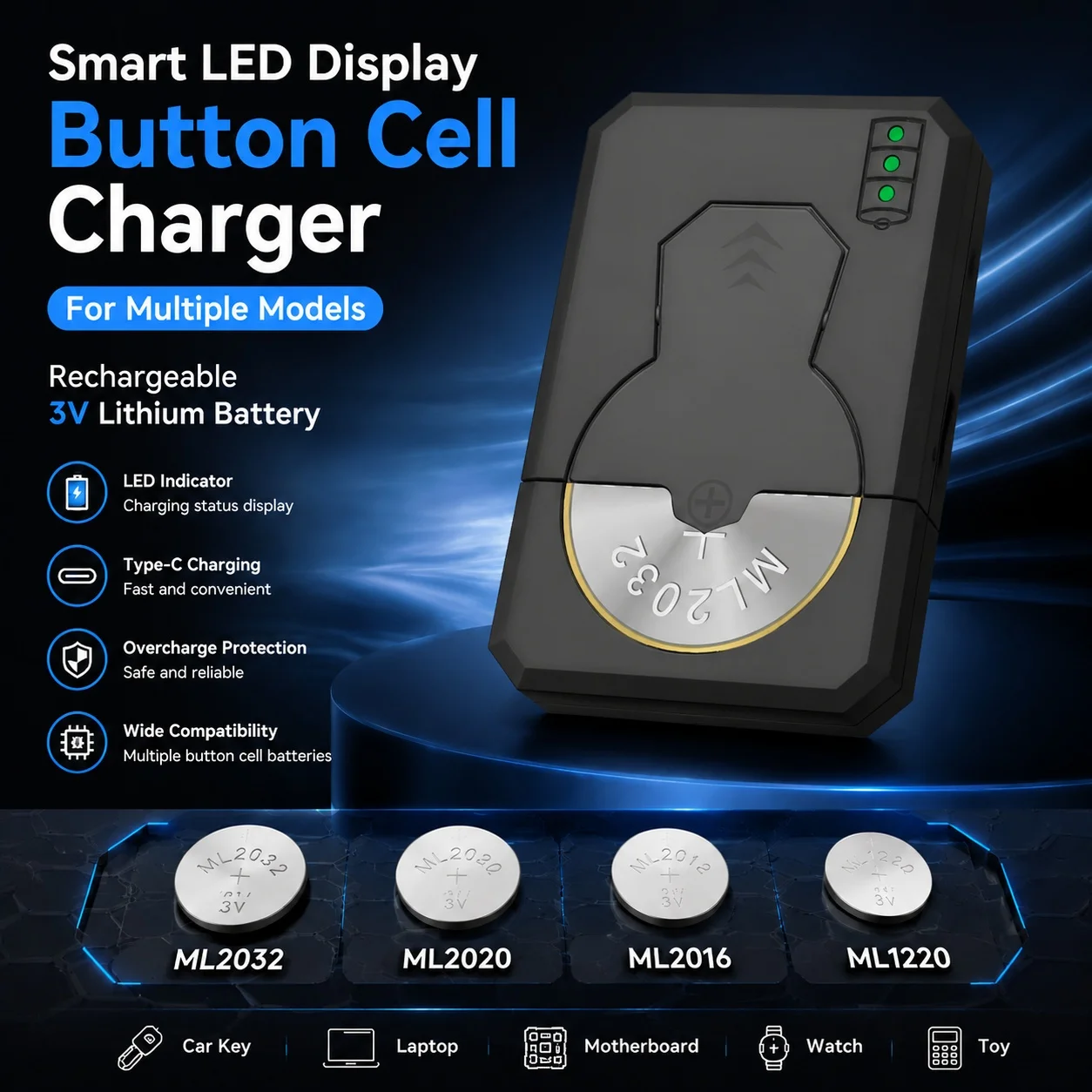 1PC Rechargeable ML2032 ML2020 ML2016 ML1220 Coin Cell Battery Charger LED Smart Display Charger For Car Key