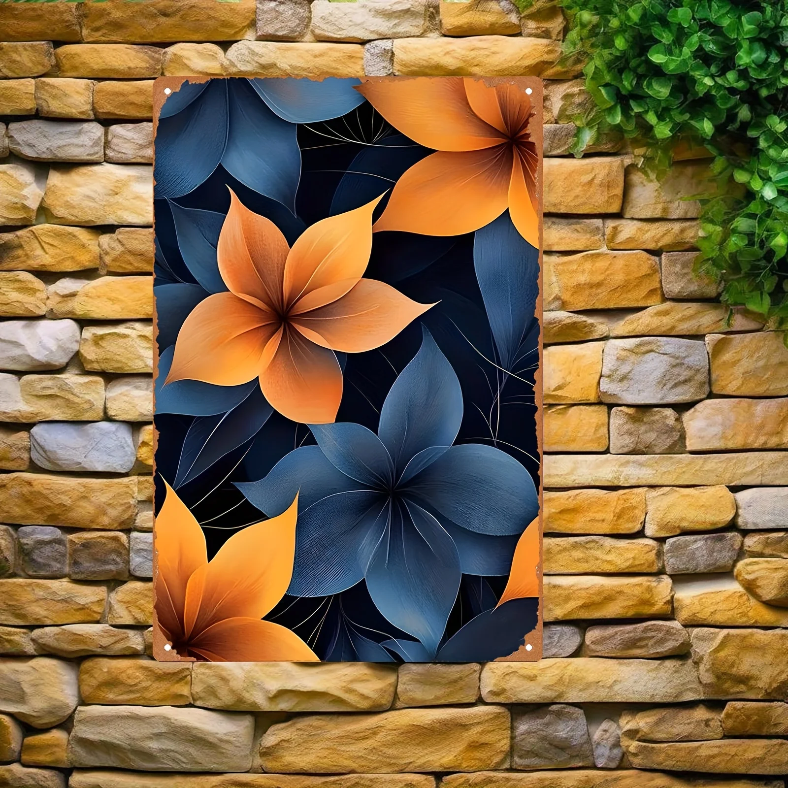 2D Flat, Open 2D Vintage Metal Two-Dimensional Plane | Dark and Orange Floral Painting Wall Art | 20x30cm / 8x12 Inches | Suitab