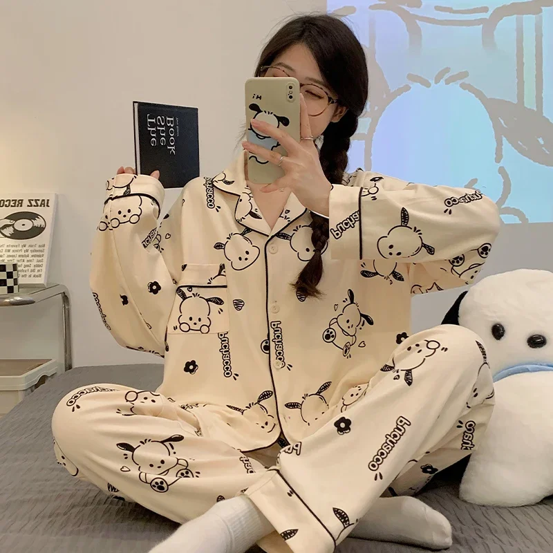 New Sanrio Cartoon Animation Character Pochacco Pajamas Girls Kawaii Fashion Casual Long Sleeves Long Pants Home Clothing Gift