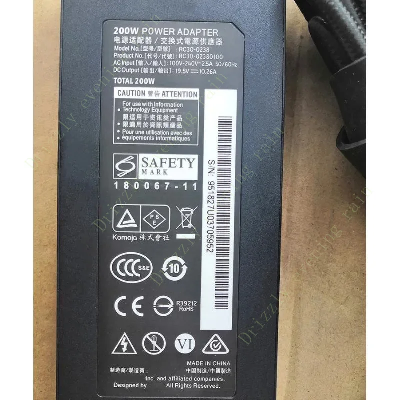 Genuine rc30-0238 19.5v 10.26a 200W 3holes AC power adapter charger for Razer rc30-02380100 blade 15 rz09-02385 laptop adapter