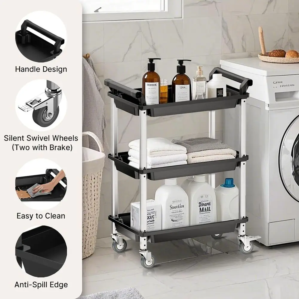 Carrello multiuso in plastica a 3 livelli con ruote bloccabili, organizer multiuso per casa, ufficio e cucina (nero)