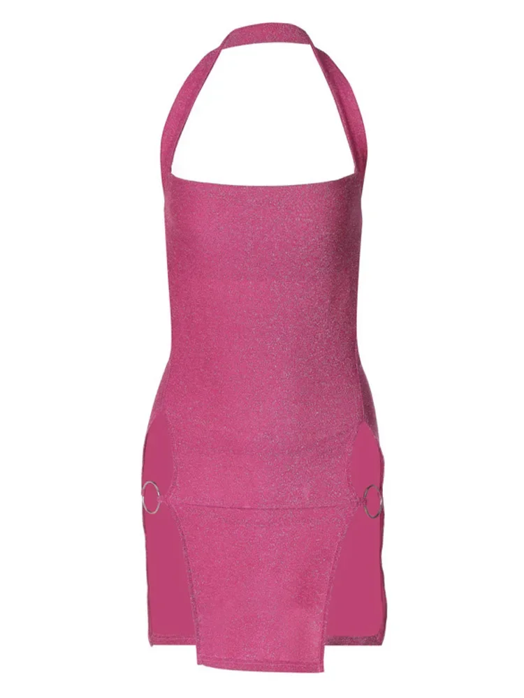 2024ผู้หญิงElegant Shine Halter Backless Slitเซ็กซี่Slim Midiชุดฤดูใบไม้ผลิฤดูร้อนเสื้อผ้าวันเกิดเทศกาลY2K