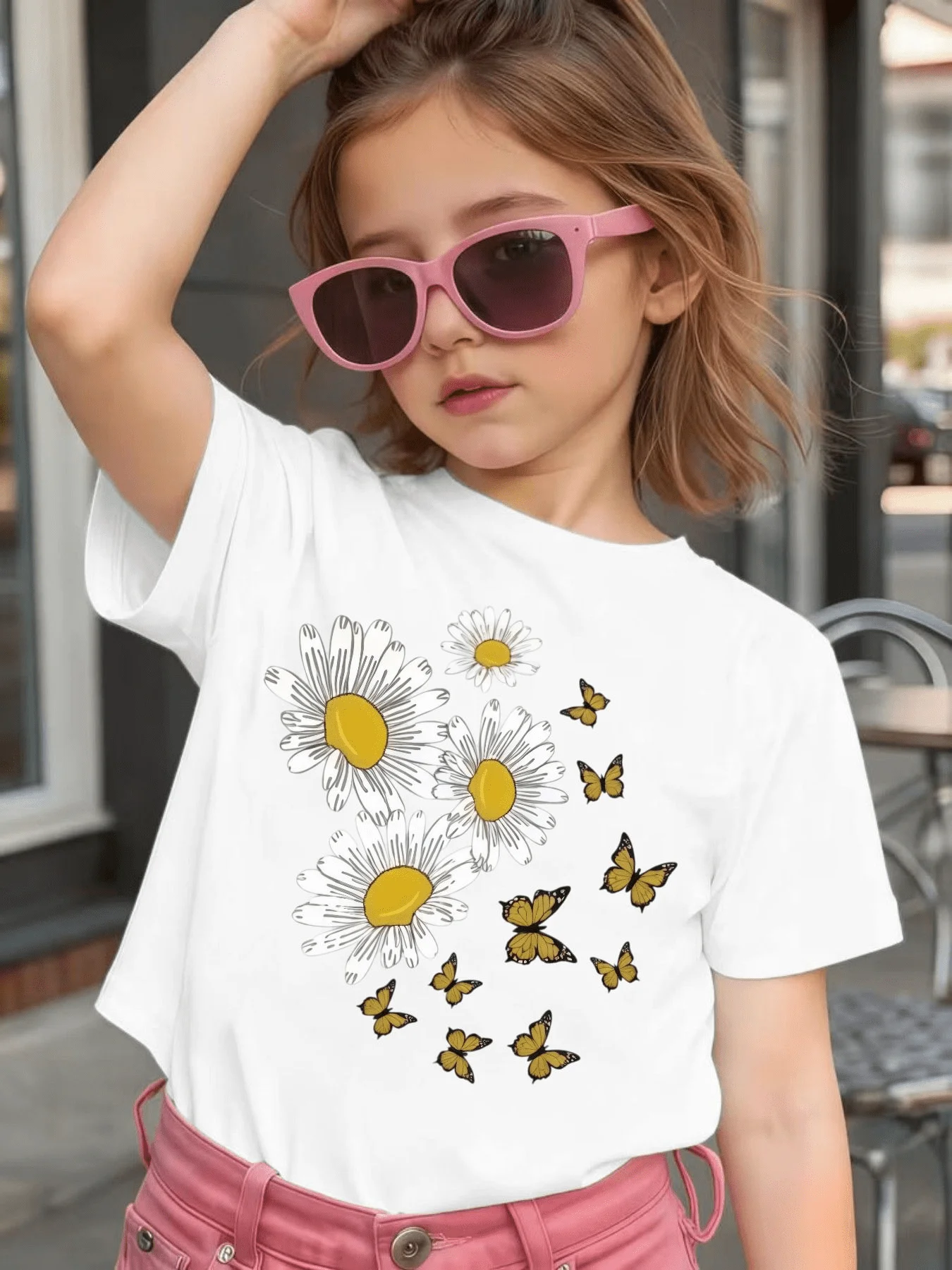 Daisy Butterfly Kids T Shirt Garden Floral Pattern Tops Boys Girls Parent Child Matching Cotton Summer Children Daily Wear