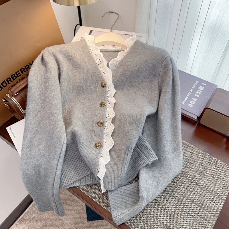 Lace Cashmere Women\'s Clothing Grey Knitting Short Sweater Long Sleeves V-neck Vintage Cardigan 2024 Fashion Autumn Tops