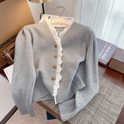 Lace Cashmere Women's Clothing Grey Knitting Short Sweater Long Sleeves V-neck Vintage Cardigan 2024 Fashion Autumn Tops