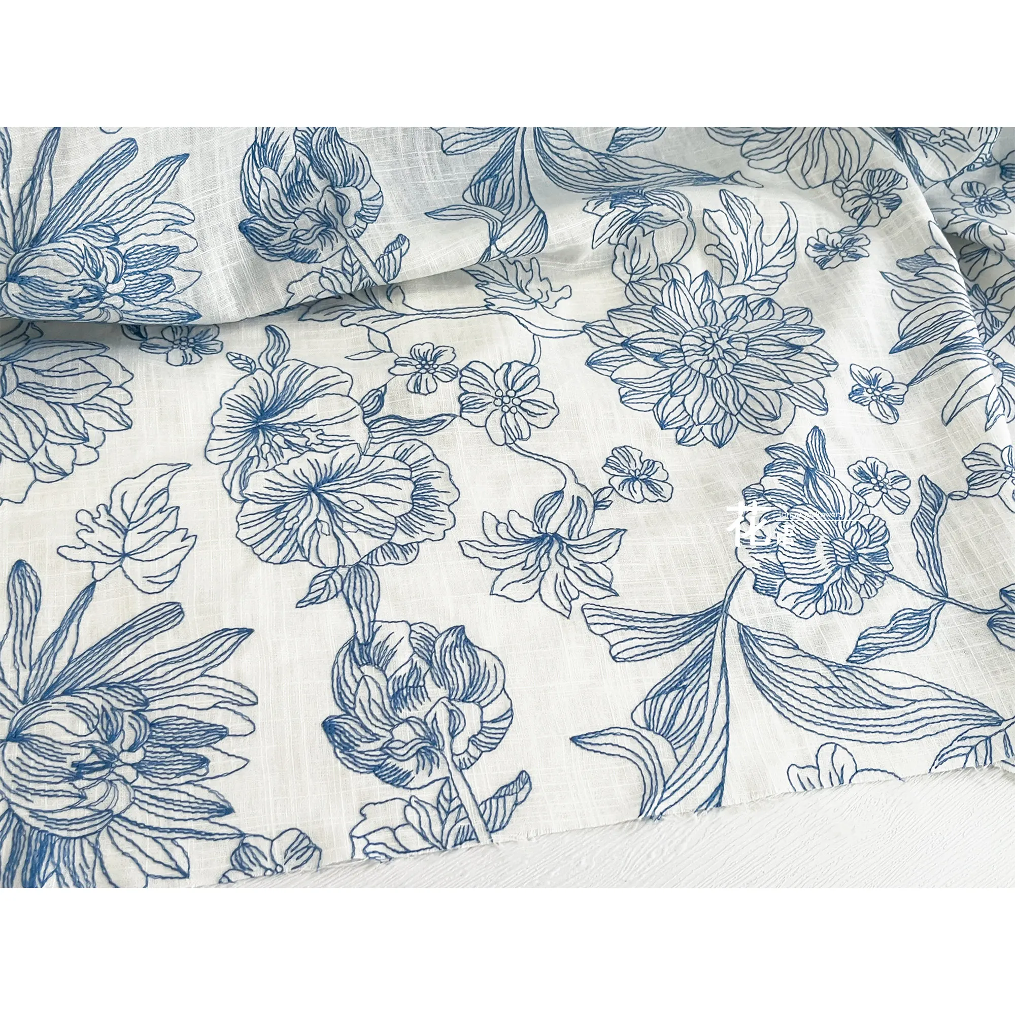 Blue White Porcelain Floral Embroidered Cotton Designer Fabric for Sewing, Decor, Dressmaking and Custom Garment Projects