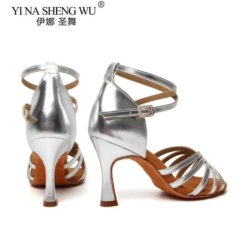 Latin Dansschoenen Volwassen Vrouwen Professionele Latin Dance Hoge Hakken 8.5 cm Suède Zolen Zilver Ballroom Tango Dansen Oefenschoenen