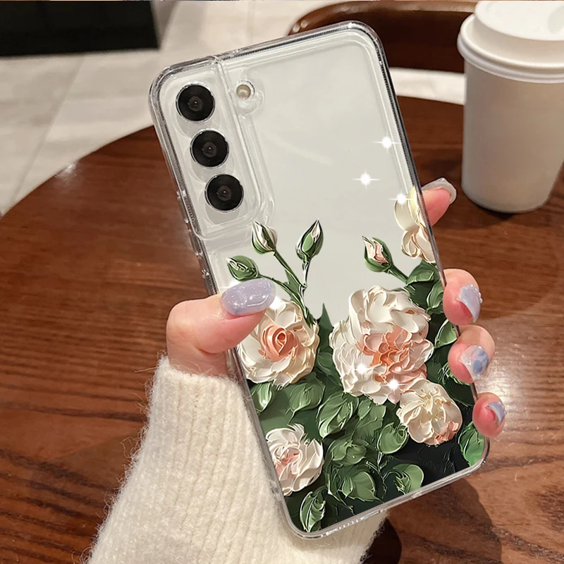 Transparente Blumenmuster-Handyhülle für Samsung Galaxy S26 S25 S24 S23 Ultra S22 Plus S24 S21 FE S25 Edge Stoßfeste TPU Softcover