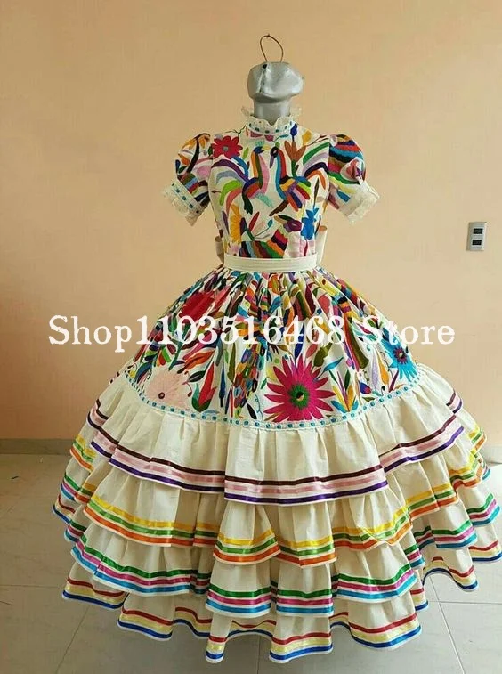 Mexican Mini Quinceanera Dresses 2024 High Neck Embroidered Applique Lace Up Flower Girl Dress Cake Dress Vestidos De Fiesta