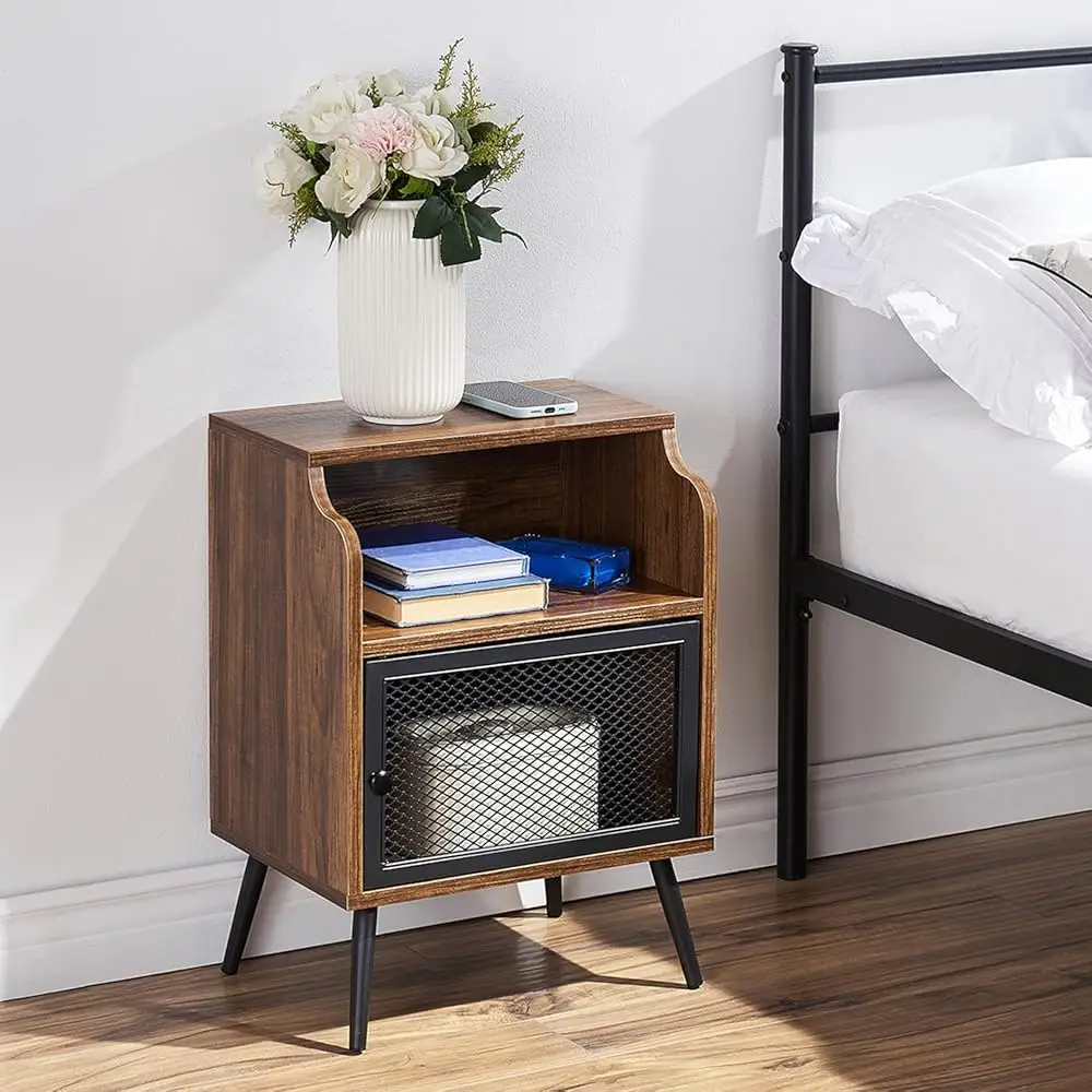 Modern Nightstand Set Of 1, End Table With Storage Cabinet, Industrial Night Stand With Open Drawer Shelf For Living Room,