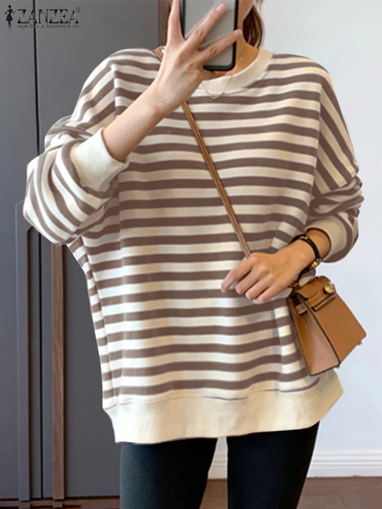 ZANZEA Donna Girocollo Magliette e camicette Vacanza Stripe Felpe Allentate Casual Felpe A Maniche Lunghe Moda Coreana 2024 Autunno Pullover