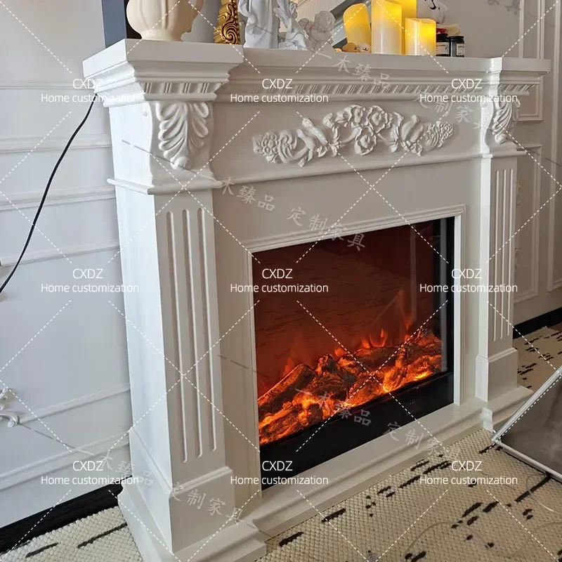 French retro solid wood fireplace cabinet simple living room entrance entrance simulated flame American light luxury
