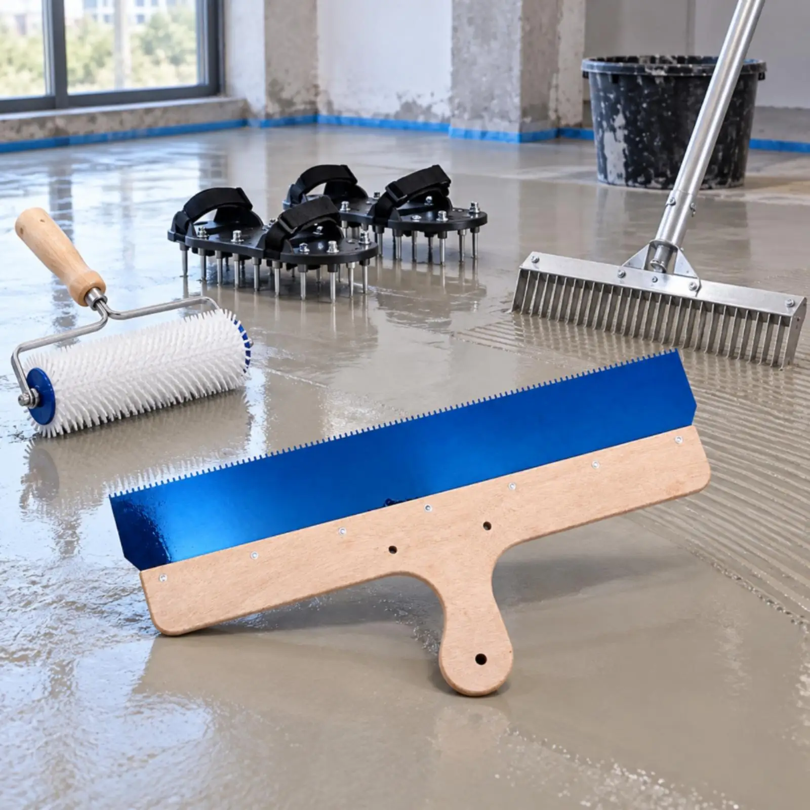 Toothed Hand Rake for Self Smoothing Floor Coating Blue Spreader with Wooden Grip for Precise Leveling of Compound