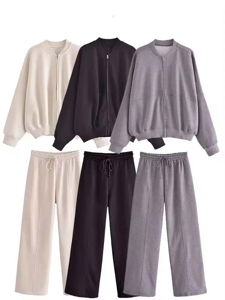 HH 2024 Conjuntos de pantalones informales para mujer, chaqueta Bomber de manga larga con cremallera + pantalones holgados de cintura alta con cordón, traje de moda urbana