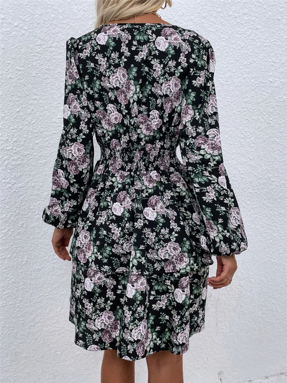 Msfilia Women's Spring Fall V Neck Long Sleeve Floral A Line Dress For Ladies Fashion Puff Sleeve Printed All Match Waist Dress