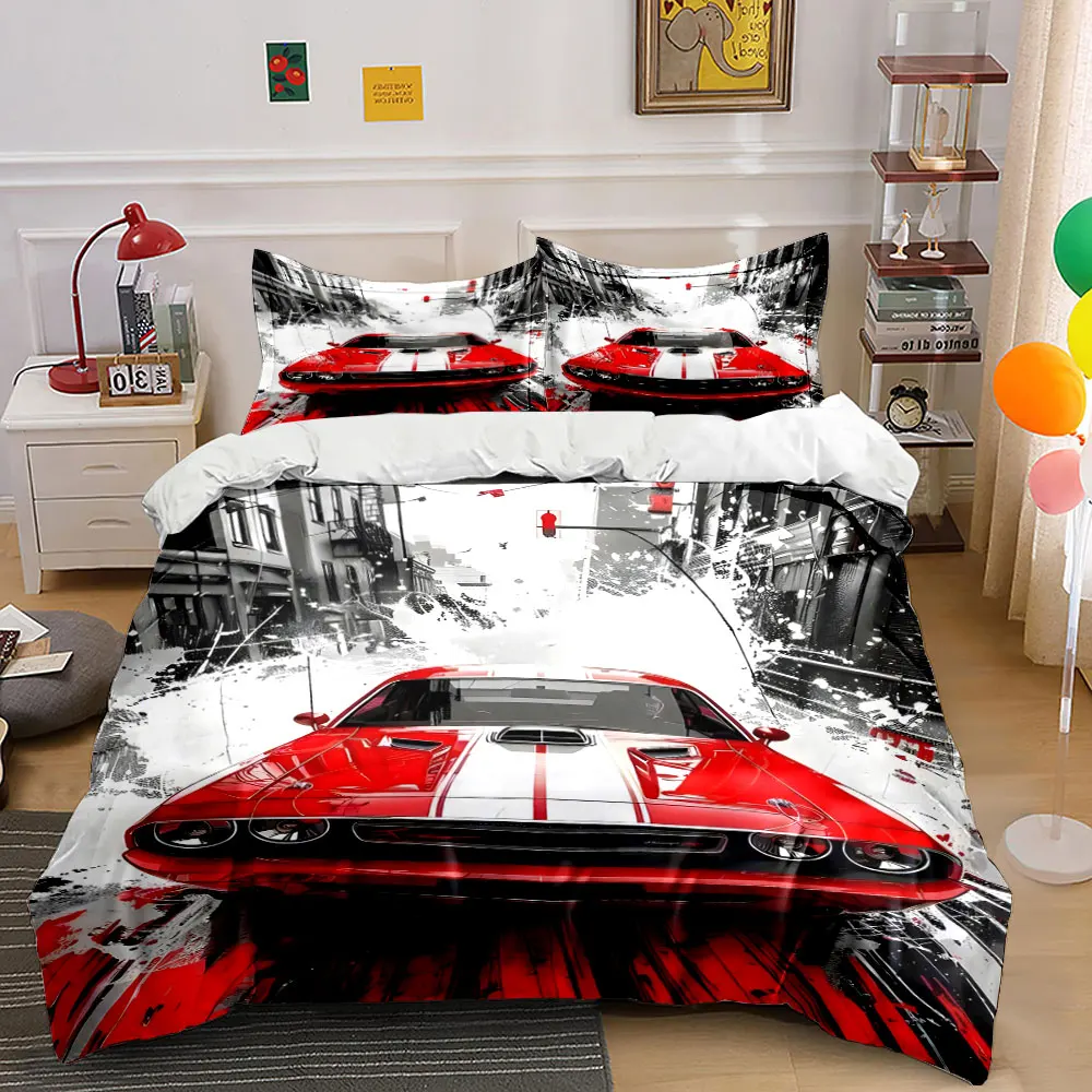 Red Muscle Car in Graffiti Style Print Bedding Set 1 Duvet Cover 2 Pillowcases for Adult and Children Luxury Gift Full Size