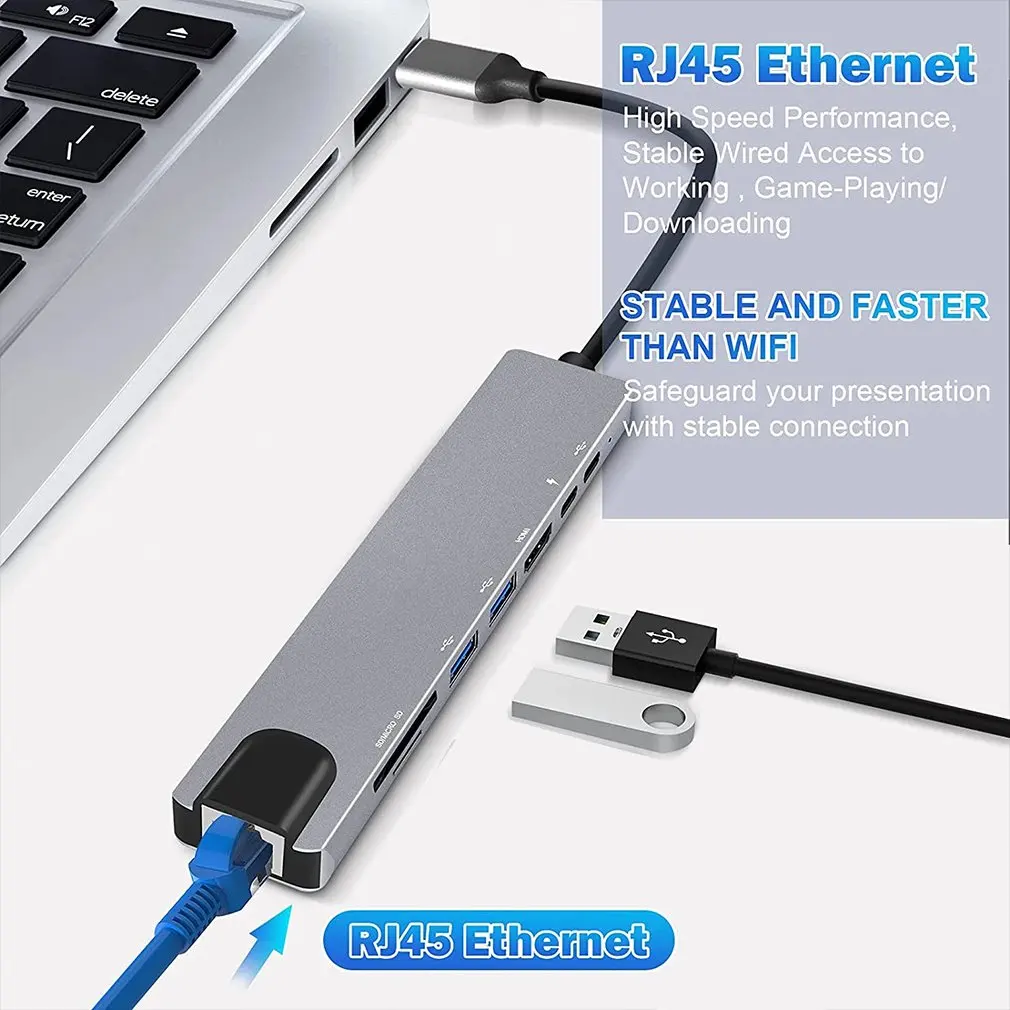 

8-In-1 RJ45 Ethernet USB 3.0 Ports Hub Docking Station USB C to HDMI-compatible Hubs Type C SD/TF Card Reader Dropshipping Hot