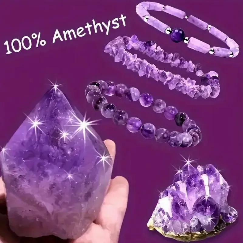 Amethyst Crushed Stone Bracelet Set, 4x13mm Square & Round Column Beads, Three Bracelets, Handmade Jewelry Gift for Women