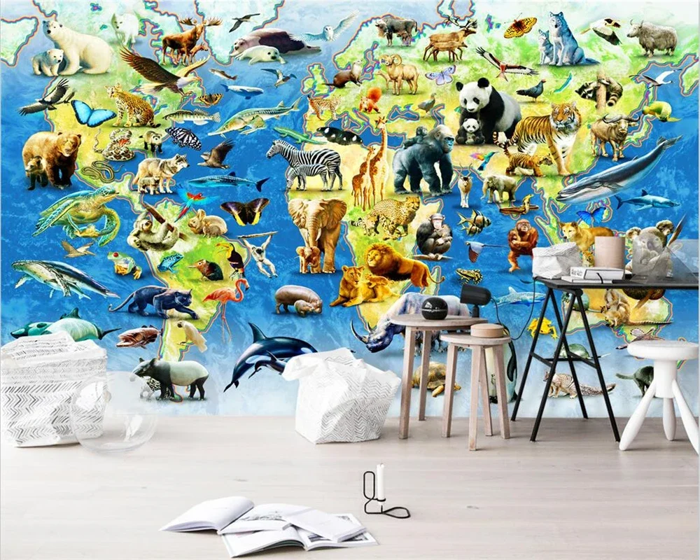 Custom wallpaper 3D animal world map children's room background wall kindergarten engineering mural papel de parede  home decor