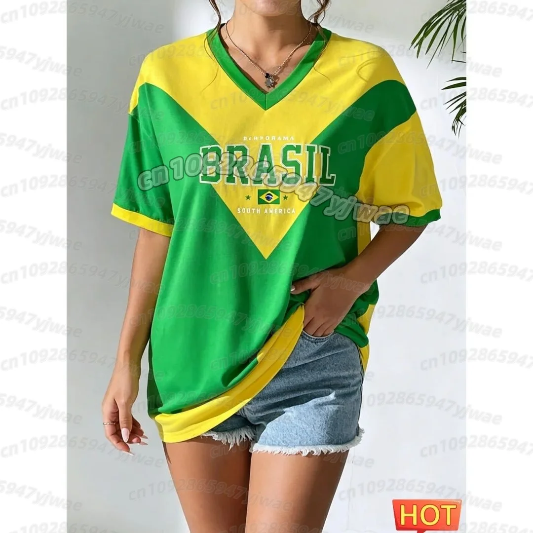 Neues Brasilianisches T-Shirt Sommer Damen V-Ausschnitt T-Shirt Brasilianisches Fußball-T-Shirt Gelb Farbverlauf Damen Herren Schnelltrocknende Oberteile – Detail 5