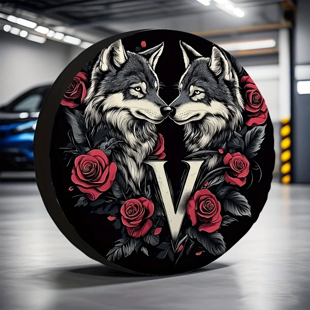 

Wolves and Red Roses Letter V Tire Cover Durable Polyester Spare Wheel Protector for Car