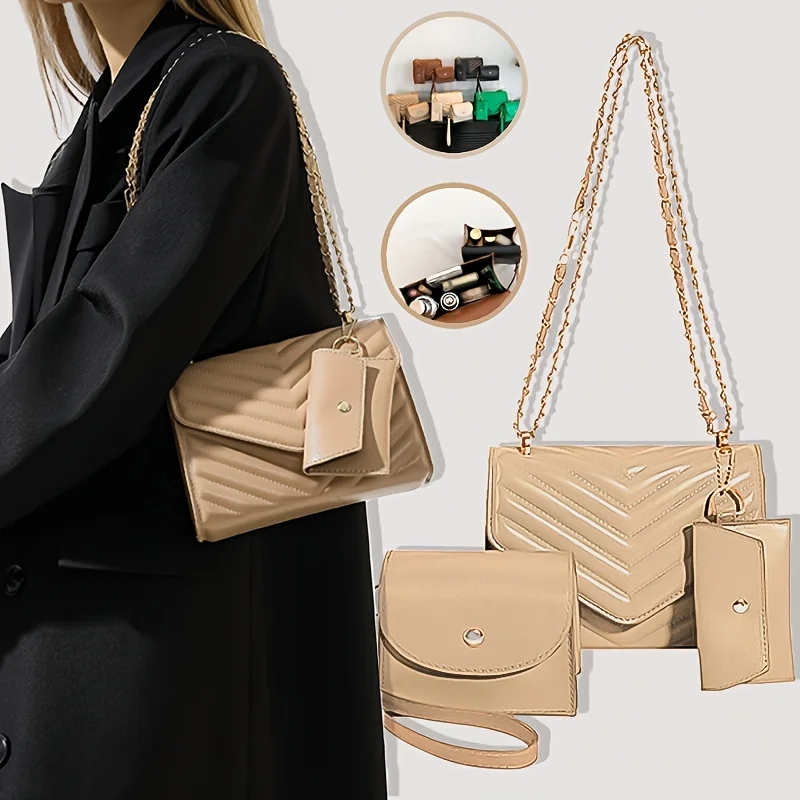 

3pcs Chain Crossbody Bag Set, Women's Chain Shoulder Bag With Wristlet Clutch Bag And Mini Coin Purse
