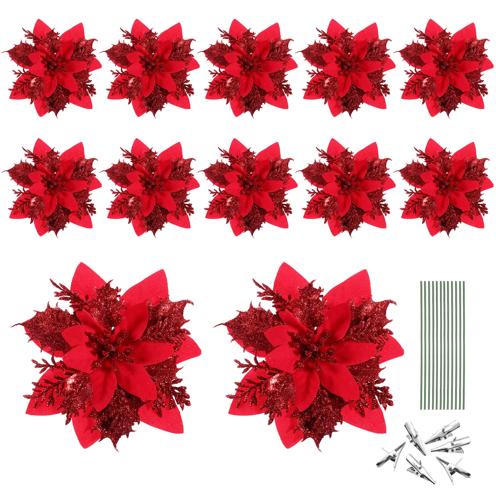 

12pcs Christmas Decoration Flowers Glitter Poinsettia Artificial Flower Ornaments For Tree Garland Home Party Diy Decor Holiday
