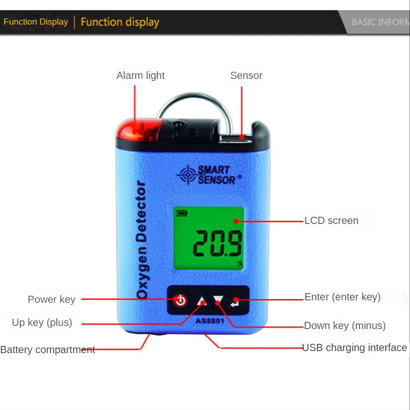 

AS8801 Oxygen detector Air oxygen concentration Explosion-proof portable oxygen detector Alarm