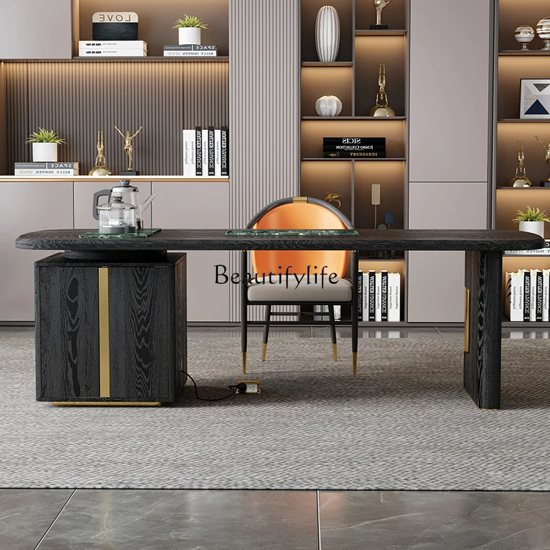 Solid wood large board tea table and chair combination Kung Fu tea table, modern simple and light luxury style