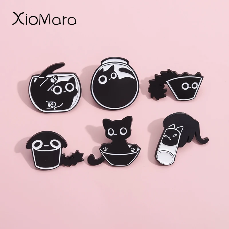 Black Cat In Terrarium Enamel Pins Custom Cute Kitten Brooches Lapel Badges Cartoon Animal Gothic Jewelry Gift For Kids Friends