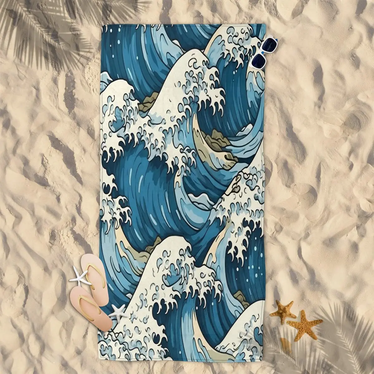 Japanese Wave Beach Towel, Ukiyo-e Art Print, Blue Ocean Wave Pattern,Quick Dry Microfiber, Sand Free, Perfect for Summer Travel