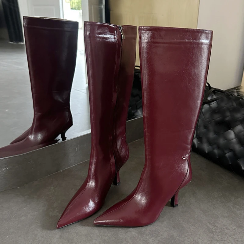 Liyke High Quality Soft Cozy Leather Pointed Toe Knee-High Boots Woman Fashion Zip Autumn Winter Low Heels Ladies Shoes Booties