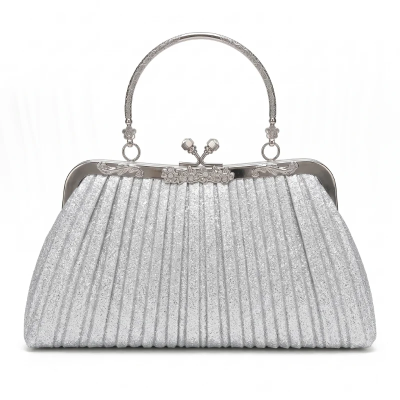 Evening Clutch Purse for Women | Silver Glitter & Rhinestone Handbag | Kiss Lock Top Handle Bag for Weddings, Banquets, Dinners, Cocktail Parties Prom